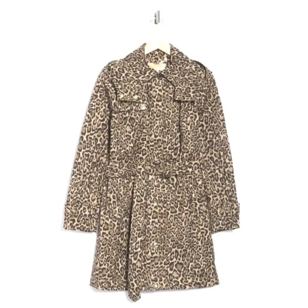 Michael Kors Womens Brown Leopard Zip Water Resistant Mid Trench Coat Sz L New